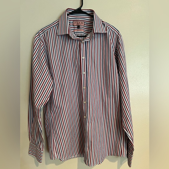 PINK Thomas Pink 17 (43cm) Slim Fit Red Blue Stripe Button Down Shirt - Picture 1 of 3